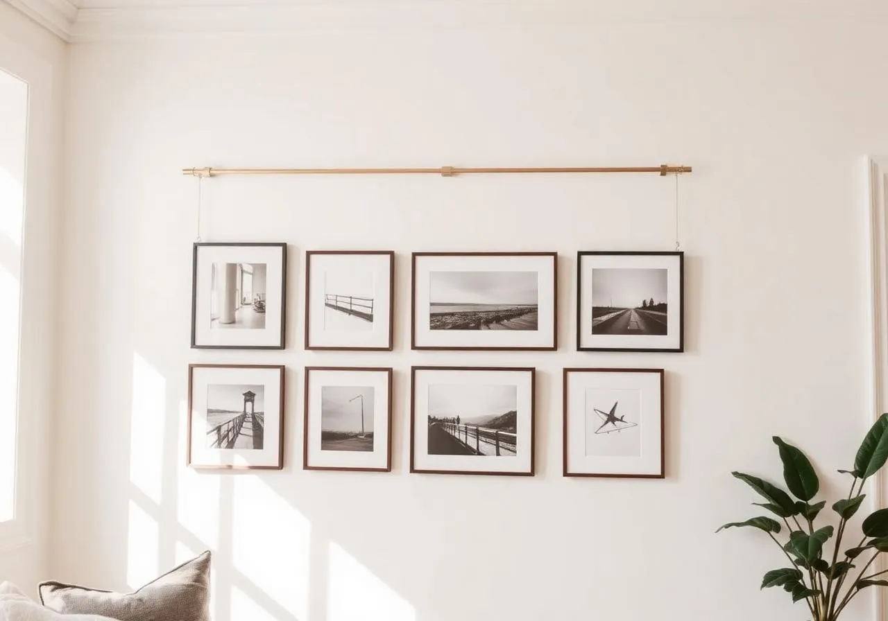 Diskré galleriskinne med innrammede bilder hengt fra opphengssystem