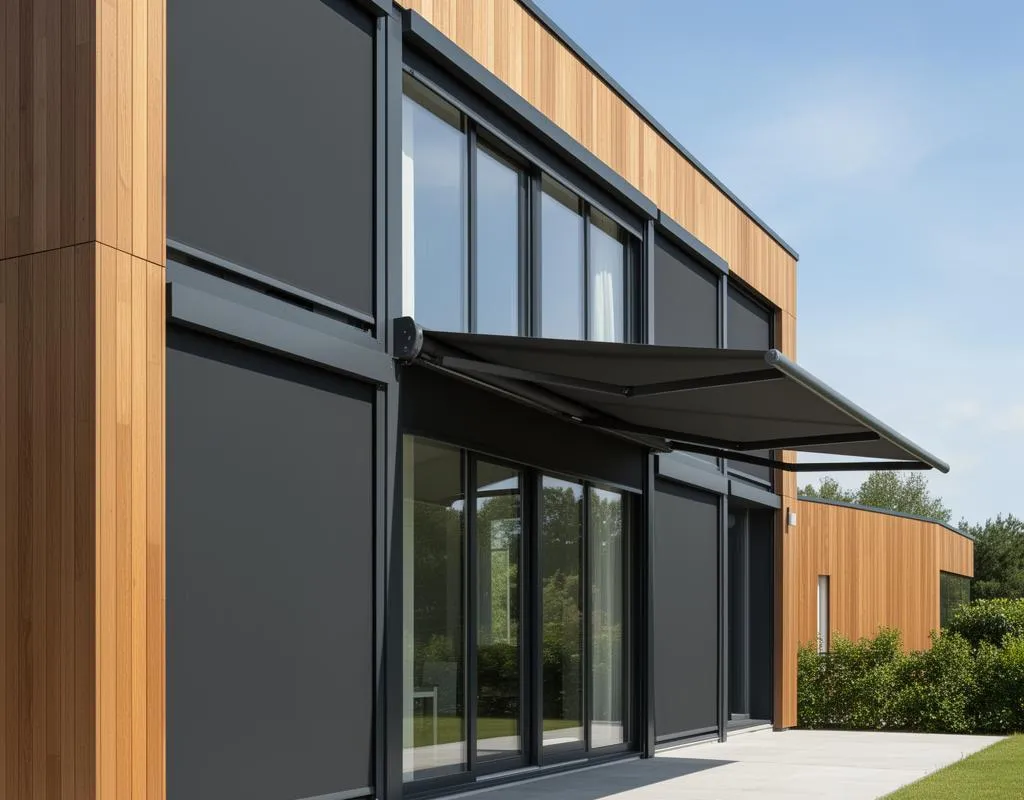 Utvendig solskjerming med screens og zip-systemer montert på fasade for å stoppe solvarme før glasset
